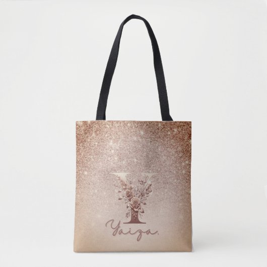 Glitter Rose Gold Floral Letter Y Tote Tasche (Vorderseite)