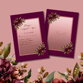 glitter Rose Gold Script - Burgundy floral wedding RSVP Karte