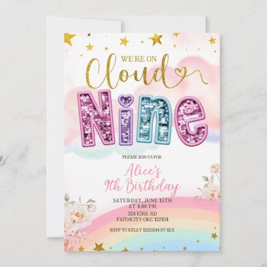 Glitter sequin pastel cloud nine birthday einladung (Vorderseite)
