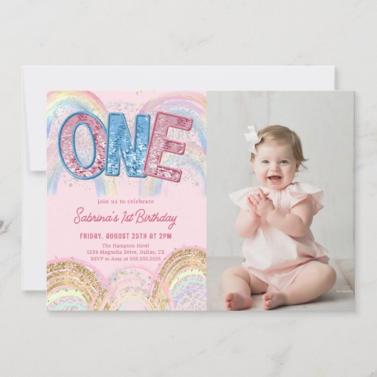 Glitter Sequin Rainbow 1st Birthday Invitation Einladung (Vorderseite)