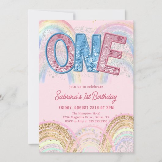 Glitter Sequin Rainbow 1st Birthday Invitation Einladung (Vorderseite)