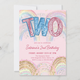 Glitter Sequin Rainbow 2nd Birthday Invitation Einladung