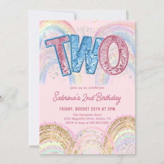 Glitter Sequin Rainbow 2nd Birthday Invitation Einladung (Vorderseite)