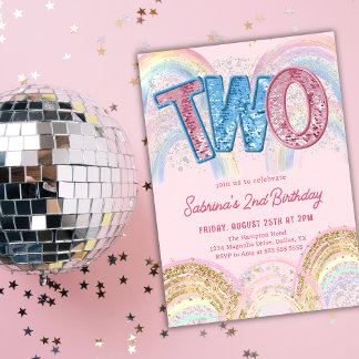 Glitter Sequin Rainbow 2nd Birthday Invitation Einladung