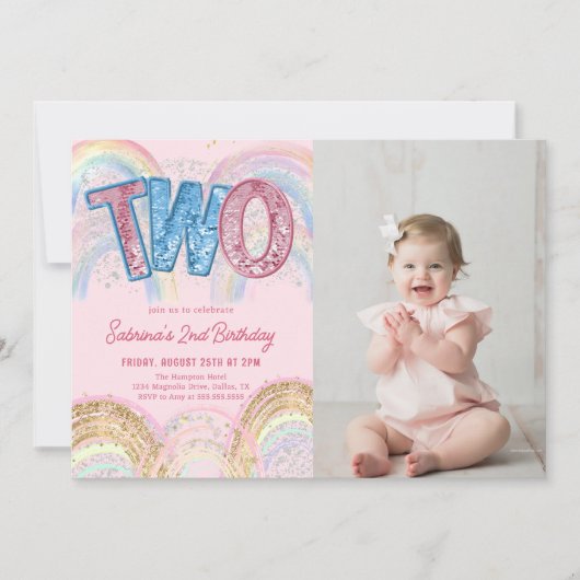 Glitter Sequin Rainbow 2nd Birthday Photo Einladung (Vorderseite)
