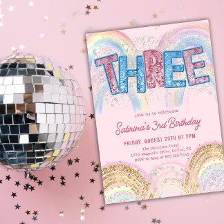 Glitter Sequin Rainbow 3rd Birthday Invitation Einladung