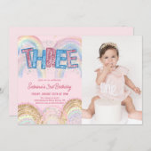 Glitter Sequin Rainbow 3rd Birthday Photo Einladung (Vorne/Hinten)