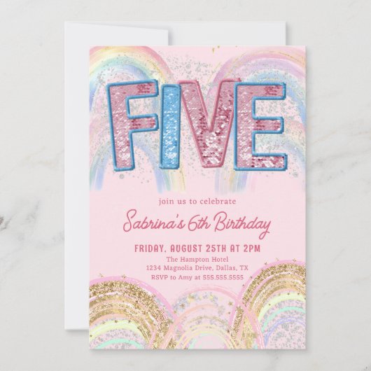 Glitter Sequin Rainbow 5th Birthday Invitation Einladung (Vorderseite)