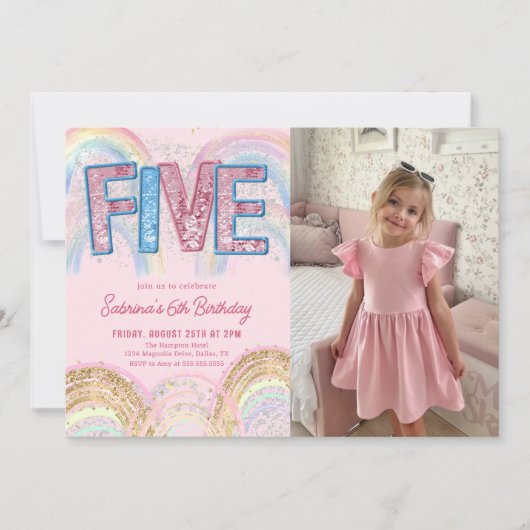 Glitter Sequin Rainbow 5th Birthday Photo Einladung (Vorderseite)