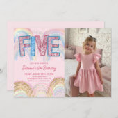 Glitter Sequin Rainbow 5th Birthday Photo Einladung (Vorne/Hinten)