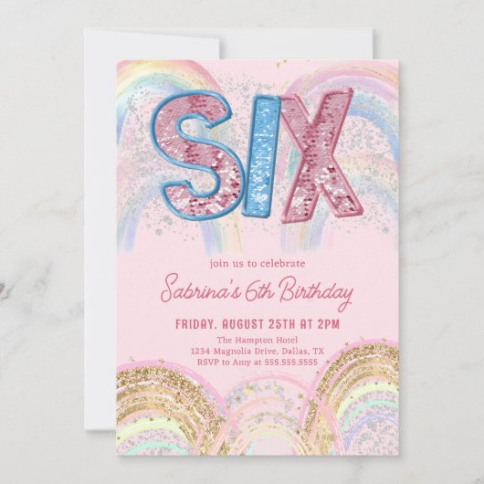 Glitter Sequin Rainbow 6th Birthday Invitation Einladung (Vorderseite)