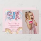Glitter Sequin Rainbow 6th Birthday Photo Einladung (Vorne/Hinten)