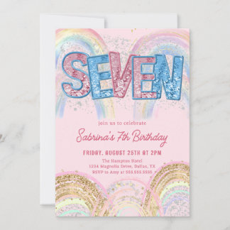 Glitter Sequin Rainbow 7th Birthday Invitation Einladung