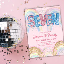 Glitter Sequin Rainbow 7th Birthday Invitation