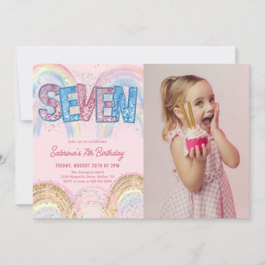 Glitter Sequin Rainbow 7th Birthday Photo Einladung (Vorderseite)