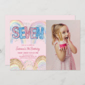 Glitter Sequin Rainbow 7th Birthday Photo Einladung (Vorne/Hinten)