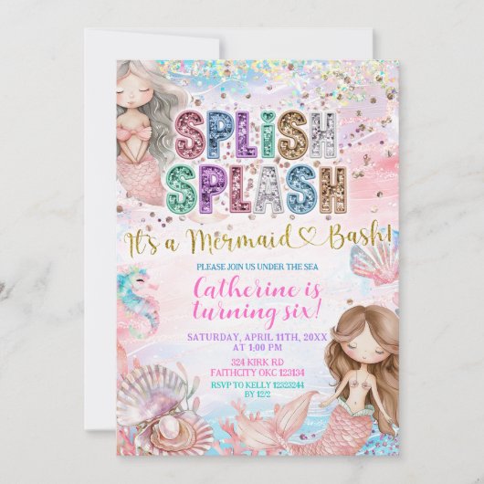 Glitter Sequin Splish Splash mermaid bash invitati Einladung (Vorderseite)