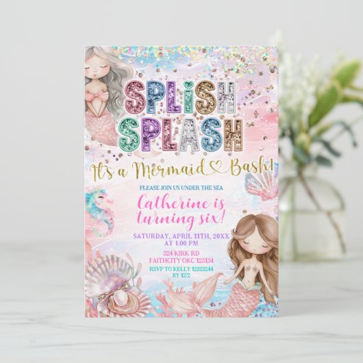 Glitter Sequin Splish Splash mermaid bash invitati Einladung (Stehend Vorderseite)