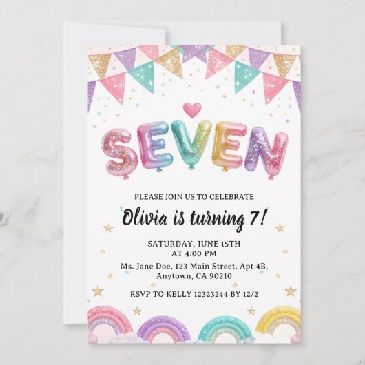 Glitter SEVEN Girly Rainbow Sequin 7th Birthday Einladung (Vorderseite)
