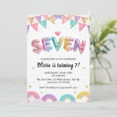 Glitter SEVEN Girly Rainbow Sequin 7th Birthday Einladung (Stehend Vorderseite)