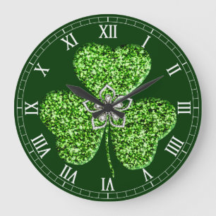 Glitter Shamrock And Flower Roman Numeral Clock Große Wanduhr