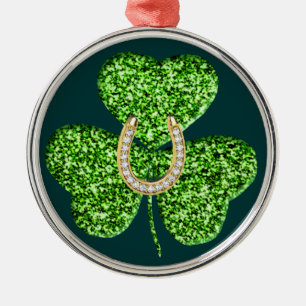 Glitter Shamrock and Horseshoe Round Ornament