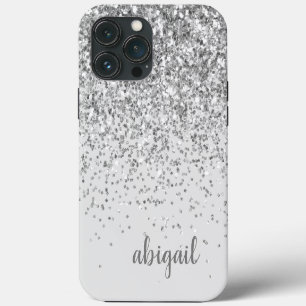 Glitter Silber Elegantes Modernes Monogramm Name iPhone 13 Pro Max Hülle