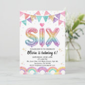 Glitter SIX Girly Rainbow Sequin 6th Birthday Einladung (Stehend Vorderseite)