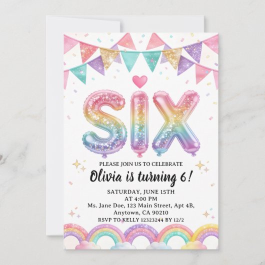 Glitter SIX Mädchen Regenbogen Pailletten 6. Gebur Einladung (Vorderseite)