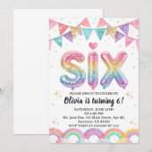 Glitter SIX Mädchen Regenbogen Pailletten 6. Gebur Einladung (Vorne/Hinten)
