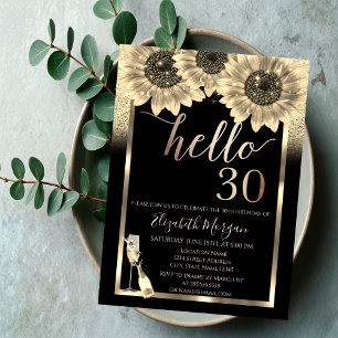 Glitter, Sonnenblumen, Glas Schwarz 30. Geburtstag Einladung