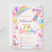 Glitter Sparkle 7. Geburtstag Mädchen Regenbogen P Einladung (Vorderseite)