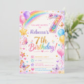 Glitter Sparkle 7. Geburtstag Mädchen Regenbogen P Einladung (Stehend Vorderseite)