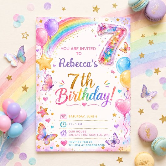 Glitter Sparkle 7. Geburtstag Mädchen Regenbogen P Einladung