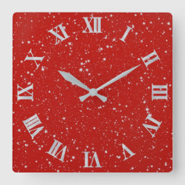 Glitter Stars - Silver Red Quadratische Wanduhr