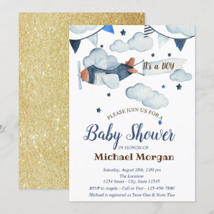 Glitter,Sterne,Wolken,Flugzeug Baby Shower Einladung