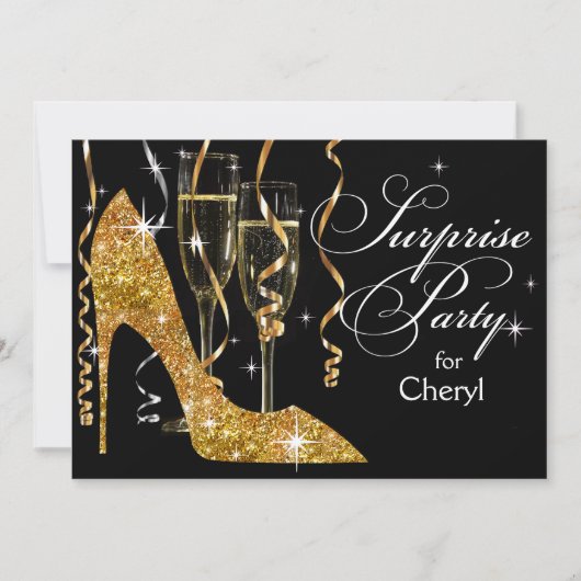 Glitter Stiletto Champagne Surprise Birthday gold Einladung (Vorderseite)