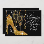 Glitter Stiletto Champagne Surprise Birthday gold Einladung (Vorne/Hinten)
