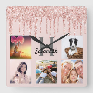 Glitter-Tropfen benutzerdefinierte Fotocollage ros Quadratische Wanduhr