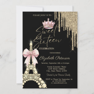 Glitter-Tropfen, Eiffelturm-Bogen-Krone Sweet 16  Einladung
