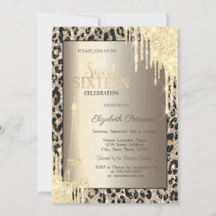 Glitter-Tropfen, Eiffelturm Leopardenprint Sweet 1 Einladung