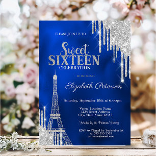 Glitter-Tropfen, Eiffelturm Royalblau Sweet 16 Einladung