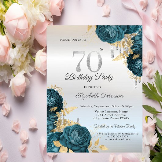 Glitter-Tropfen Grüne Blumen Silber 70. Geburtstag Einladung