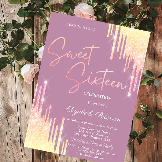 Glitter-Tropfen Hellblau Sweet 16 Einladung
