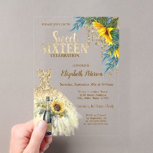 Glitter Tropfen,Kleid,Sonnenblumen Blau Sweet 16 Acryleinladungen