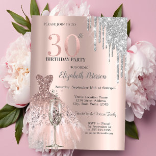 Glitter-Tropfen, Kleid Wein Glas 30. Geburtstag Einladung