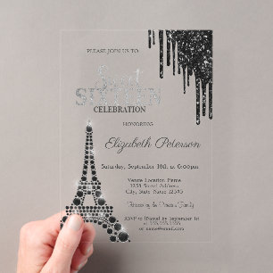 Glitter Tropfen, schwarzer Eiffelturm Sweet 16 Acryleinladungen