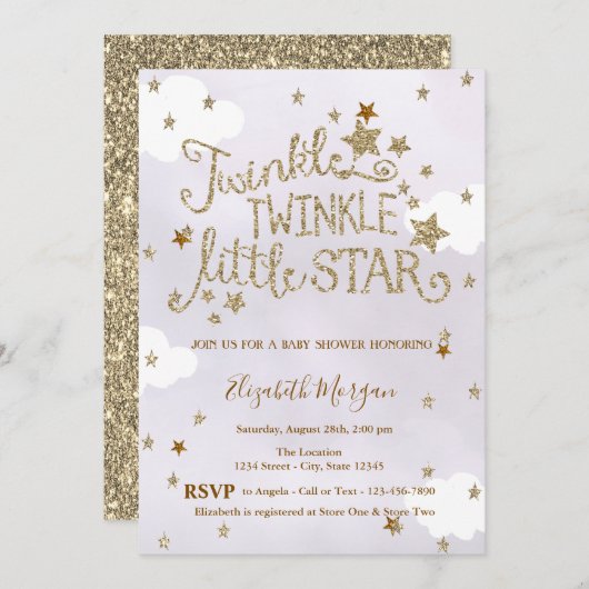 Glitter Twinkle Little Star Lavender Baby Shower Einladung (Vorne/Hinten)