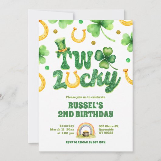 Glitter Two Lucky St Patrick 2nd Birthday Einladung (Vorderseite)