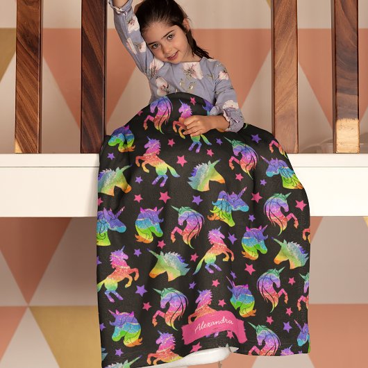 Glitter Unicorn Rainbow Pattern with First Name Fleecedecke